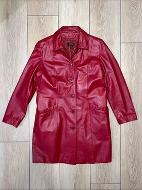 Danier Red Leather Button-Front Trench Coat